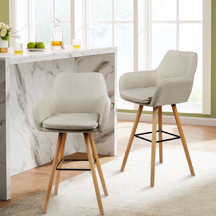MIPAN . Lot de 4 Tabourets de Bar en lin avec pieds en bois -  Chaise Bar Haute en Tissu - Tabourets de Bar Beige