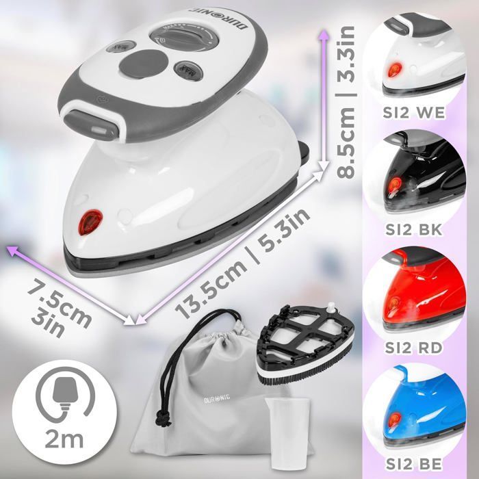 Duronic SI2 WE reisstoomstrijkijzer 375W Lichtgewicht en compact 762g Antiaanbakzoolplaat 50ml waterreservoir Inclusief borstel en