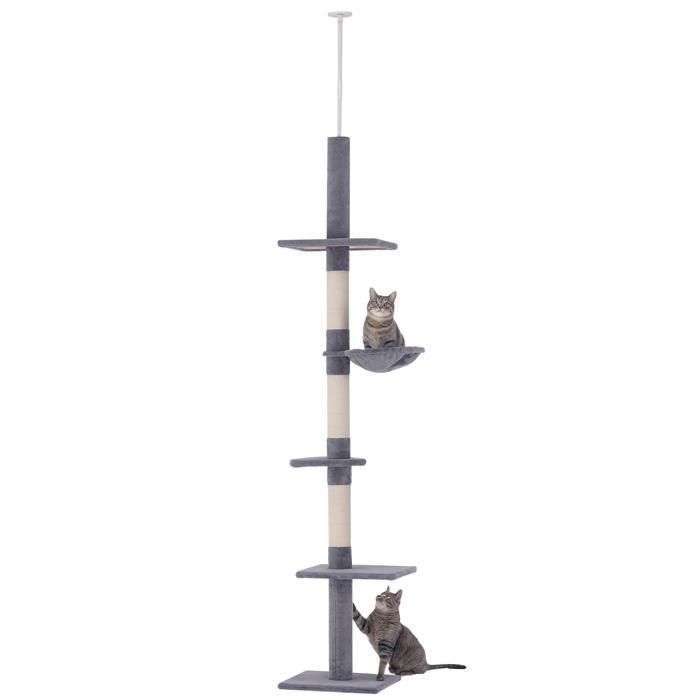 PawHut krabpaal voor katten, vloer tot plafond, 40 cm L x 34 cm B x 230-260 cm H, 5 activiteitsniveaus, grijs