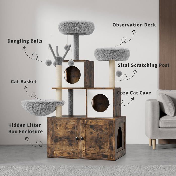 Árvore para Gatos com Caixa de Areia, Unidade Sanitária de Madeira para Gatos com Torre, Arranhador, Poleiro e Plataformas - Marrom