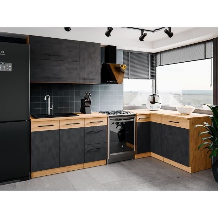 Cocina completa ROCK L180 cm - 5 módulos + mueble para horno - Acabado en melamina color roble Lancelot y gris Matera - Encimera antiadherente