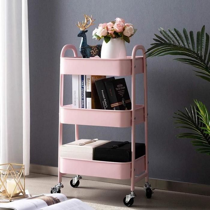 Carrito de cocina QUIIENCLEE con ruedas, giro de 360 grados, 3 niveles, carrito de almacenamiento, acero al carbono, rosa.