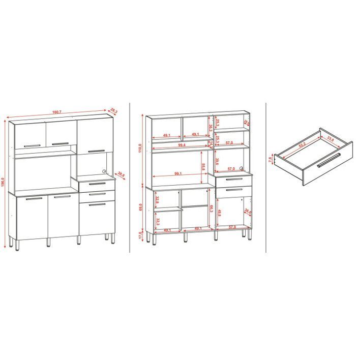 Kitchen Buffet with 6 Doors and 2 Drawers, Oak and White, W 160.7 x H 196 x D 38.8 cm