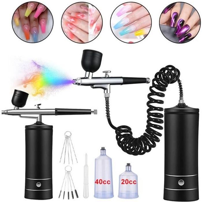 Kit aérographe avec compresseur Pistolet pulvérisateur portable sans fil pour ongles, peinture, maquillage, biscuits (noir)