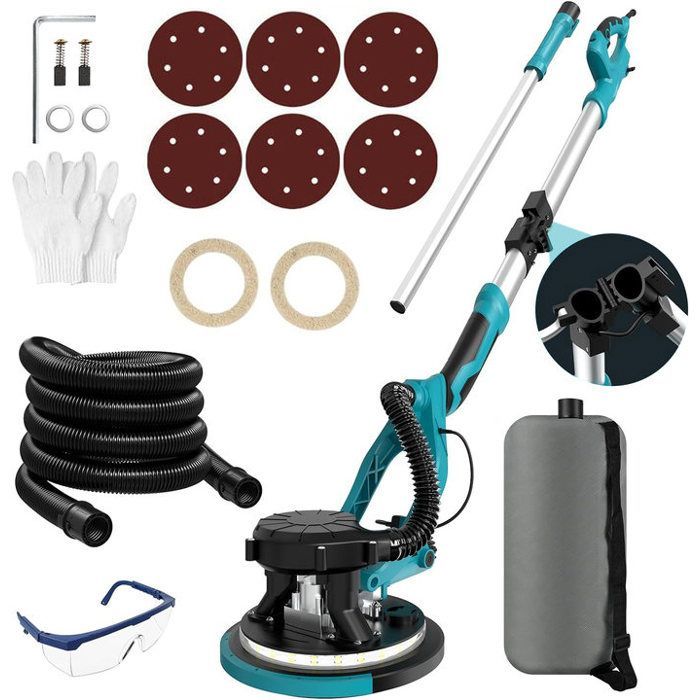 Levigatrice Giraffe da 1250 W con aspirazione automatica della polvere - Impugnatura telescopica e pieghevole - 6 velocità da 800 a 1800 giri/min - Testa rotante a 90°