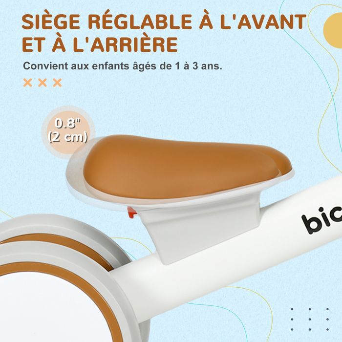 Bicicleta de equilibrio de 4 ruedas AIYAPLAY para niños - Sillín ajustable - Manillar ergonómico - Aleación de aluminio, PP - Edades de 1 a 3 años - Marrón/Blanco