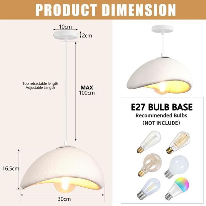Lámpara colgante moderna y creativa WOTTES, color blanco, diseño vintage de metal, casquillo E27, 1 unidad, Ø30cm, ideal para salón y comedor.