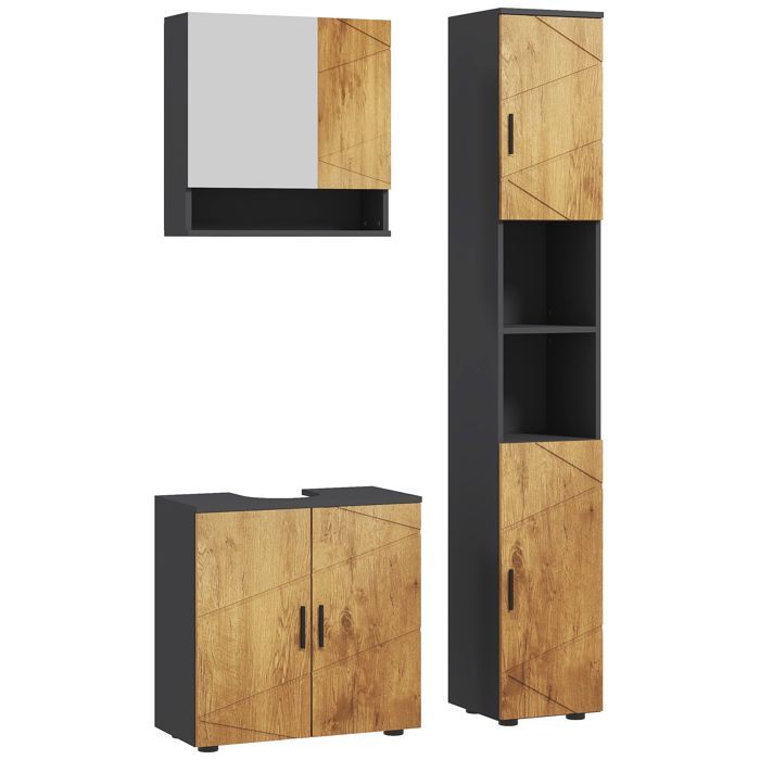 Ensemble de meubles de salle de bain - kleankin - 3 pièces - avec étagères réglables, niches ouvertes, placards - chêne gris foncé