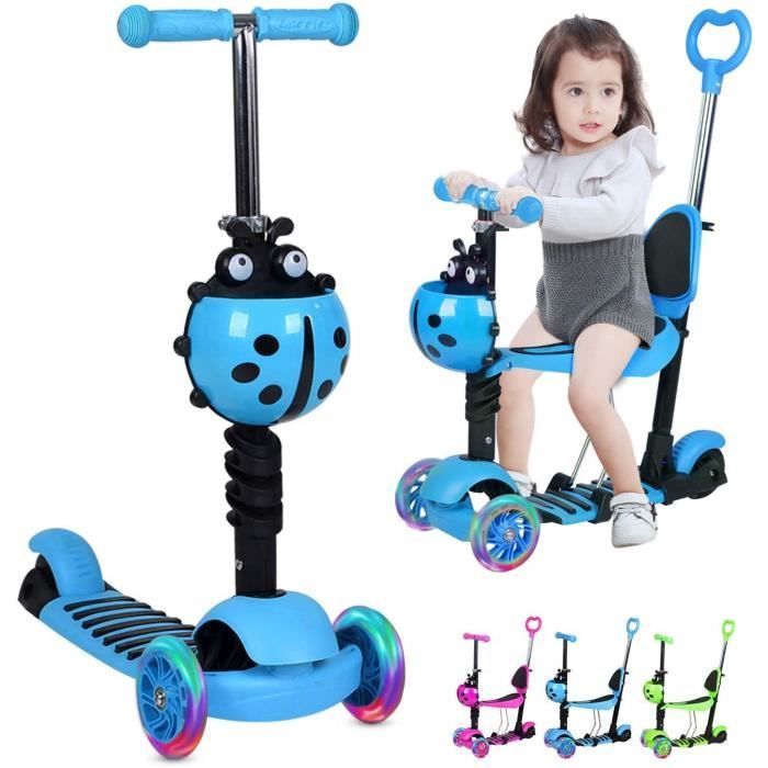 5-in-1 Blue Children's Scooter with Adjustable Removable Seat and Push Handle; Lightweight Scooter with Light-Up Wheels