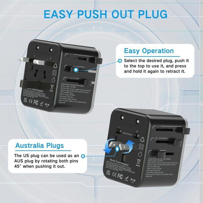 Adaptador de viaje - HAUTSTORE - Universal - 5 puertos - 2000 W - Seguridad mejorada