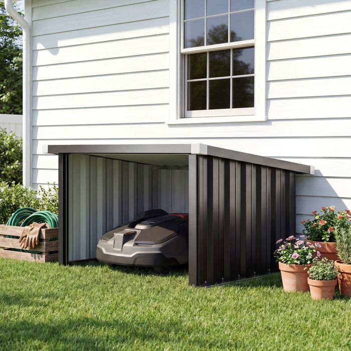 Schuilplaats/garage voor robotmaaiers met schuin dak van gegalvaniseerd staal, 108 x 86 x 62,5 cm, donkergrijs