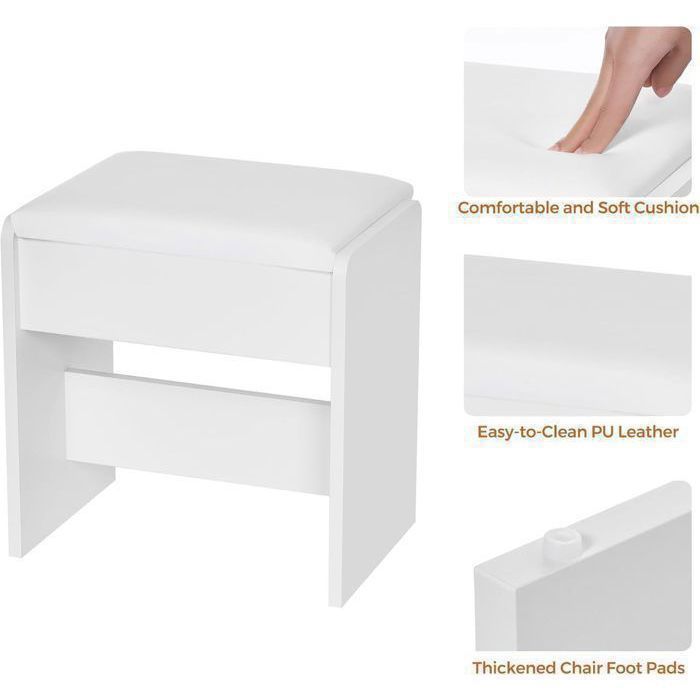 Coiffeuse Grande avec Miroir et Tabouret, LED Réglable, Prise et Port USB, 7 Tiroirs de Rangement, Blanc