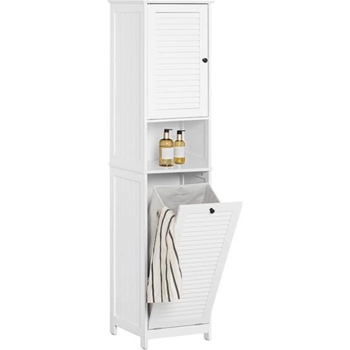 Mobiletto a colonna bianco SoBuy per bagno con cesto portabiancheria, mobiletto stretto con ripiani per bagno o lavanderia.