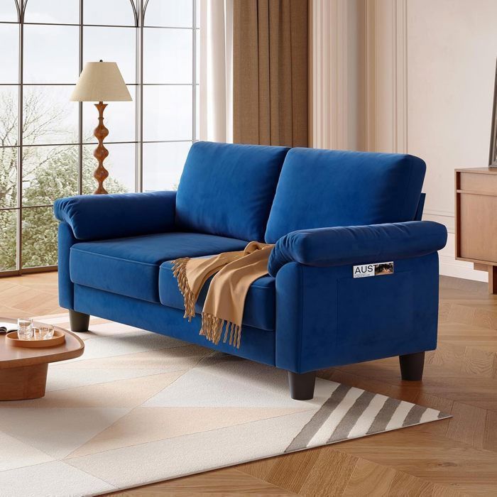 Canapé 2 Places en Velours Bleu pour Salon,Petits Espaces,Chambre,Contemporain , Fauteuil  Scandinave avec 2 coussins,178x76x87cm