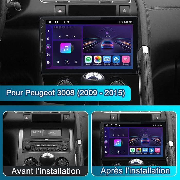 AWESAFE Android 13 Autoradio für Peugeot 3008 (2009–2016), 2 GB RAM + 64 GB Speicher, 9-Zoll-Touchscreen, CarPlay, Android Auto, GPS, WLAN