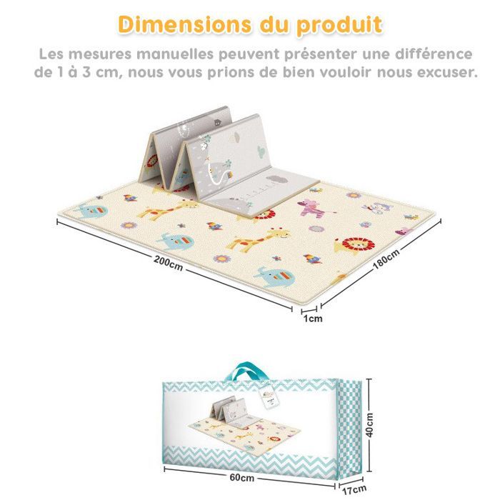 Alfombra de juegos plegable, impermeable y de doble cara para bebés - 200x180x1cm - Alfombra de actividades - Segura para bebés, no tóxica, antideslizante