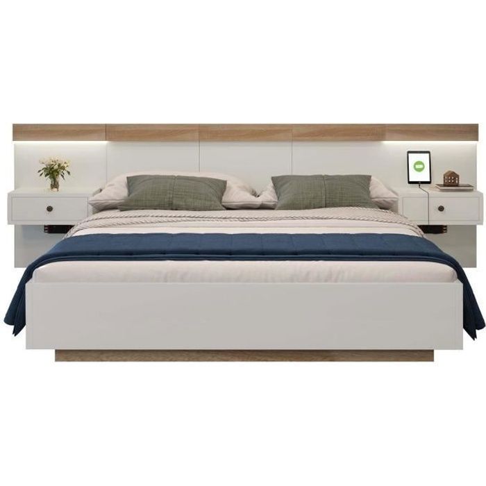 ModernLuxe Doppelbett für Erwachsene, 140 x 200 cm, mit schwebenden Nachttischen, LED-Beleuchtung und USB-Anschlüssen, Holzrahmen, Lattenrost, Eiche +