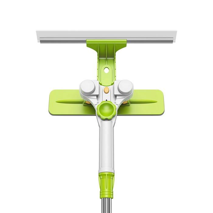 Limpiacristales con mango telescópico, extensible en un ángulo preciso, y rasqueta exterior de doble cara.