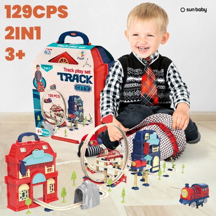 Tren eléctrico Sun Baby para niños de 3 años en adelante: circuito, viaducto, barrera, estación y tiendas.