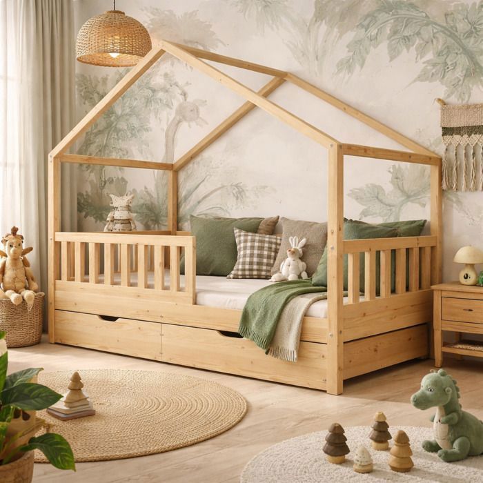 Cama infantil tipo cabaña de madera natural de 90x190 cm con 2 cajones/base de láminas sin colchón.