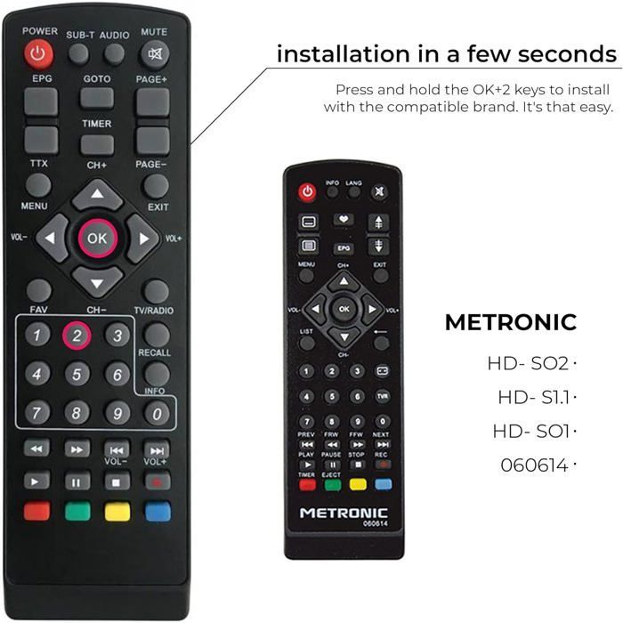 Telecomando universale 7 in 1 compatibile con decoder digitali terrestri DVB-T: Strong, Engel, Metronic, Strom, Livetnt, Xoro
