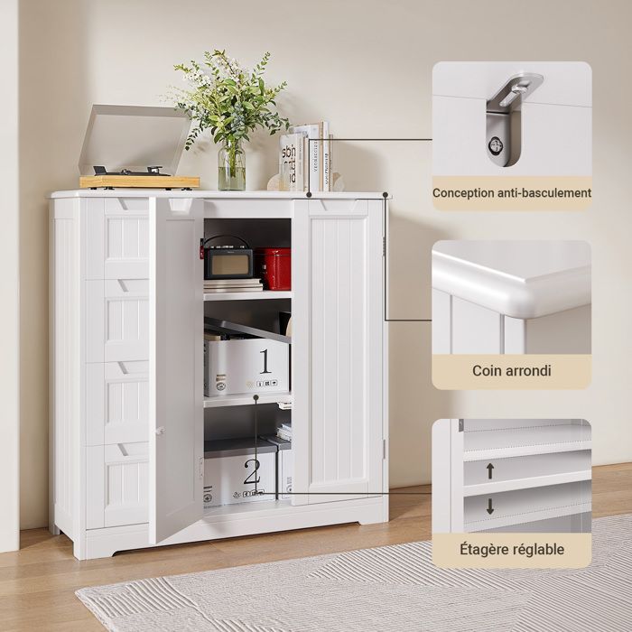 Meuble Bas Salle de Bain - Bealife - Rangement Moderne - 2 Portes - 4 Tiroirs - Étagères Réglables - Blanc - 81x30x83cm