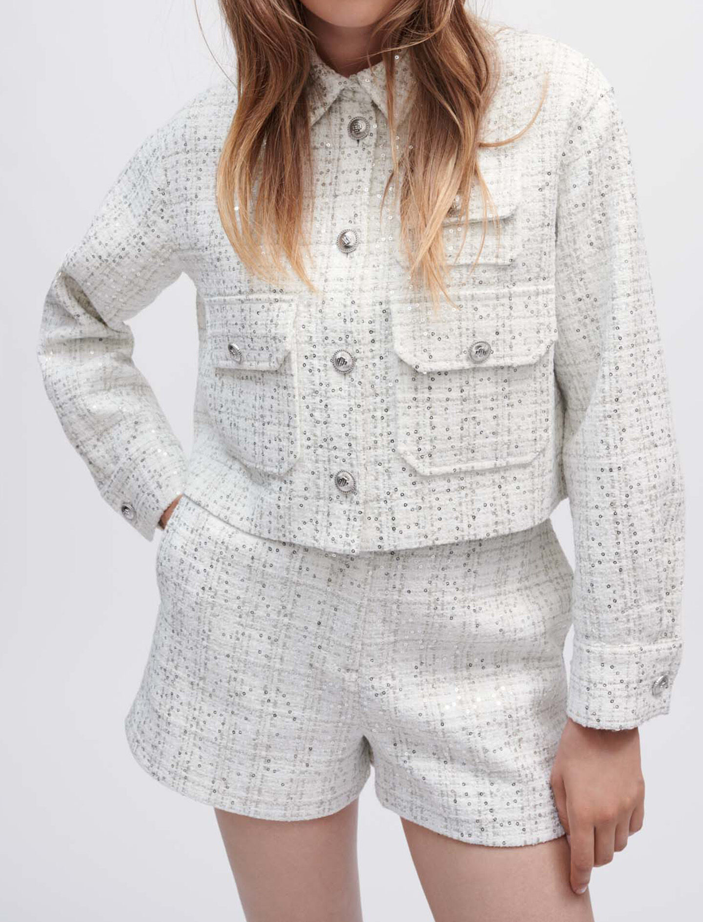Ruwe tweed blouse met pailletten - Wit