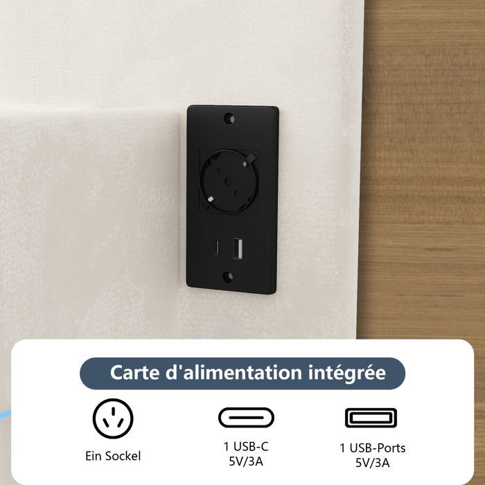 Cama doble de 140x190 cm - Terciopelo beige - Cabecero con iluminación LED - Somier de láminas - Diseño moderno