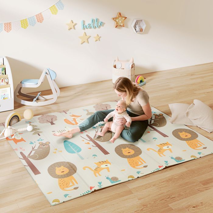 Alfombra de juegos para bebé - AIYAPLAY - plegable, gruesa, de espuma reversible - antideslizante - estampado de animales - 196 x 176 x 1,5 cm, multicolor