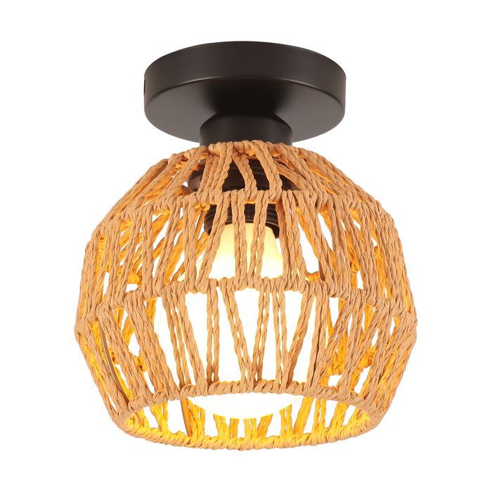 SNOGOLD Spherical Braided Ceiling Light E27 Vintage Light Fixture Brown Rope Braided Lampshade, Rustic Lighting for Living Room Bedroom