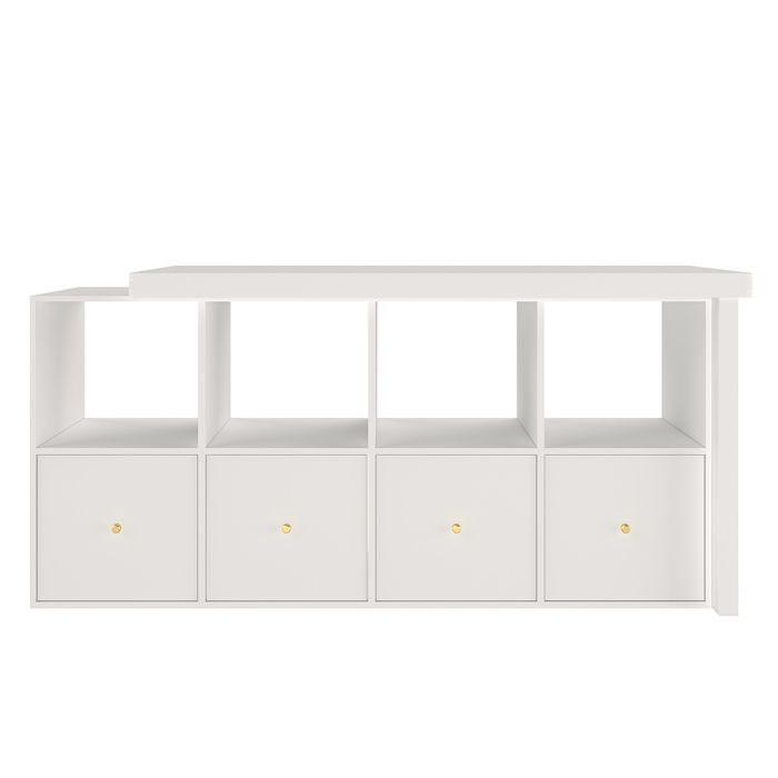 MERAX Bureau d’Angle Pivotant 360° avec Rangement, Bureau Modulable Blanc avec 4 Tiroirs et 4 Étagères