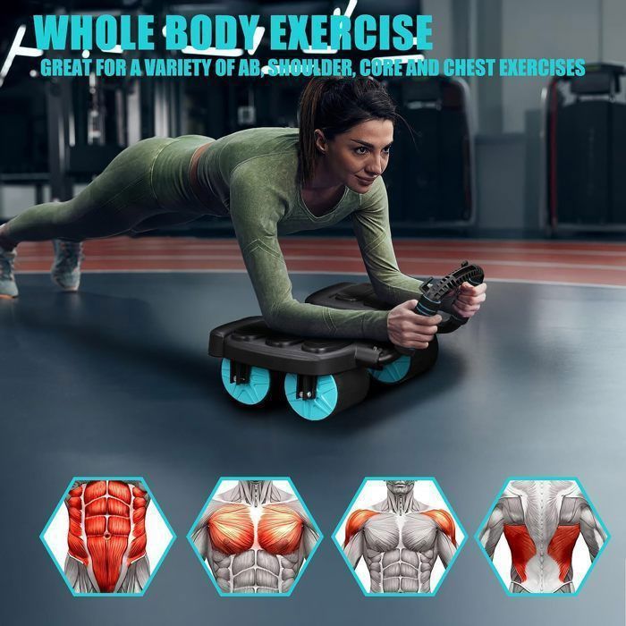 Rolo abdominal com retorno automático, apoio para os cotovelos, 4 rodas e tapete de treino - Para treinamento do core em casa/academia