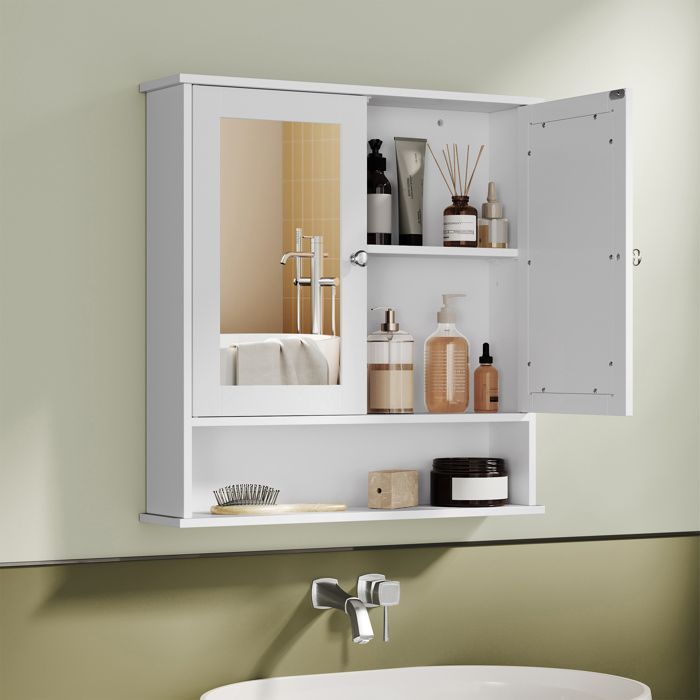 Mobiletto da bagno a parete con 2 ante e specchio - VASAGLE - Bianco - 56 x 13 x 58 cm