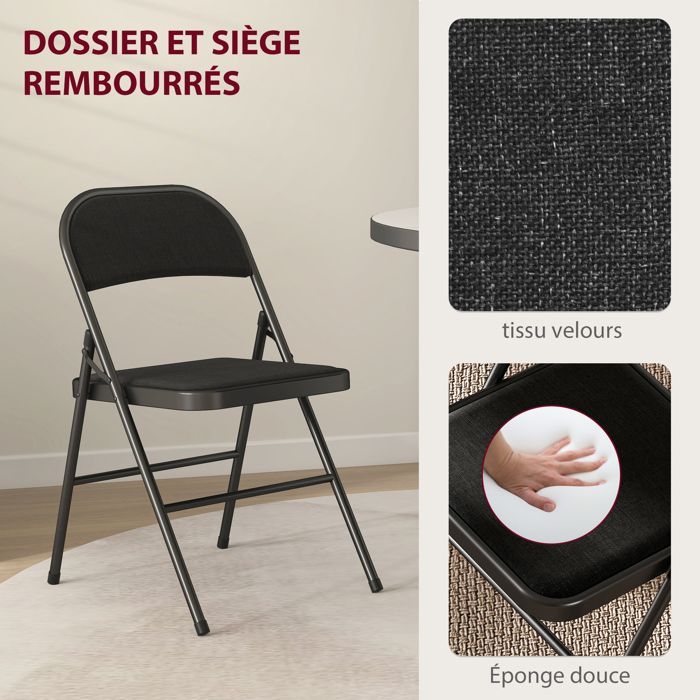 Lot de 6 chaises pliantes - HOMCOM - portables - coussin en lin et - cadre en acier noir