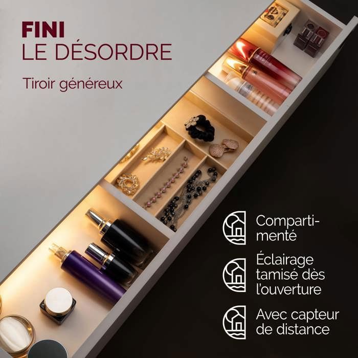 Casaria Coiffeuse Lucia Blanc tiroir LED table de maquillage miroir chambre dressing rangement tioir 3 compartiments