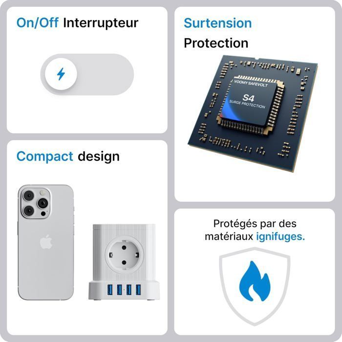 Regleta cúbica 9 en 1 con USB, 5 tomas de corriente europeas, 3 puertos USB-A y 1 puerto USB-C, 4000 W, con interruptor y cable de extensión de 2 m.