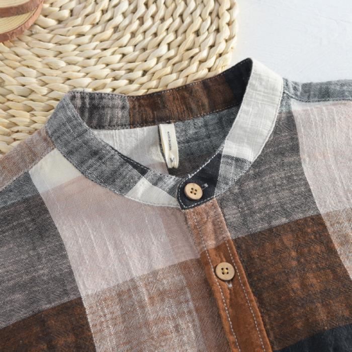 Camisa de lino natural de manga larga para hombre - FUNMOON - Estampado a cuadros - Cuello mandarín