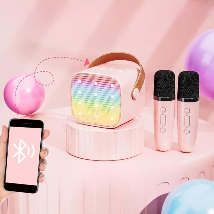 Kit Karaoke Portatile - SHOP-STORY - KARAOKIT_RO - 2 Microfoni Wireless - LED - Rosa