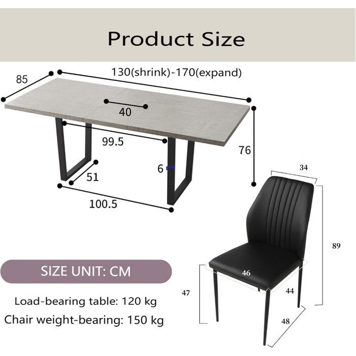 JIEXI Modern Dining Set for 6 to 8 People, Extendable Dining Table (Extendable Table + 6 Black Chairs)