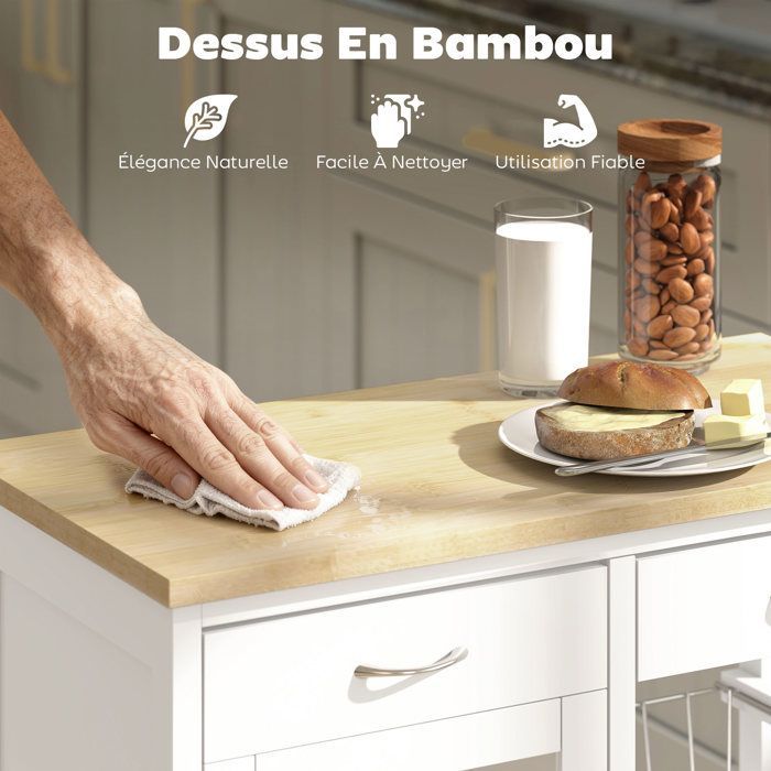Desserte de cuisine - HOMCOM - sur roulettes - plateau en bambou, porte vitrée, 2 paniers et 2 tiroirs - MDF - 67x35x80cm - blanc