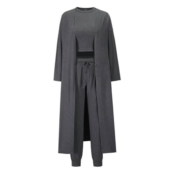 Conjunto de punto de 3 piezas para mujer: cárdigan, camiseta sin mangas y pantalón con cintura elástica, color liso, otoño/invierno - Gris