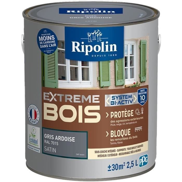 Pintura para madera - Interior/Exterior - RIPOLIN - Ultra cobertura - Resistente a la intemperie, a los rayos UV y a los impactos - Acabado satinado - Gris pizarra