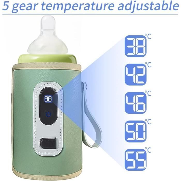 1 unidad de calentador de biberones portátil con temperatura ajustable, calentador de biberones inalámbrico USB, calentador de biberones para coche con pantalla LCD, color verde.