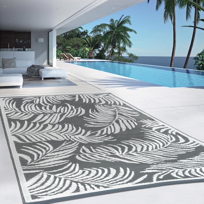IDMARKET Tapis extérieur COCO tropical gris et blanc 180 x 280 CM