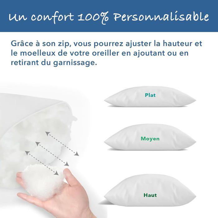LazyBearHome Pillow 60x60 Set of 2, Percale Cotton Cover, Siliconized Hollow Fiber Filling, Adjustable Height, Made in France