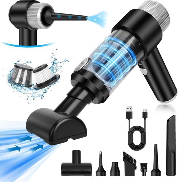 Aspiradora de mano inalámbrica para coche de 15000 Pa, mini aspiradora de mesa inalámbrica 4 en 1 con USB-C, 5 boquillas y 2 filtros.