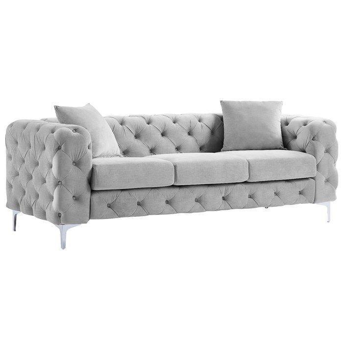 Sofá de 3 plazas y sillón EDWINA en terciopelo gris claro.