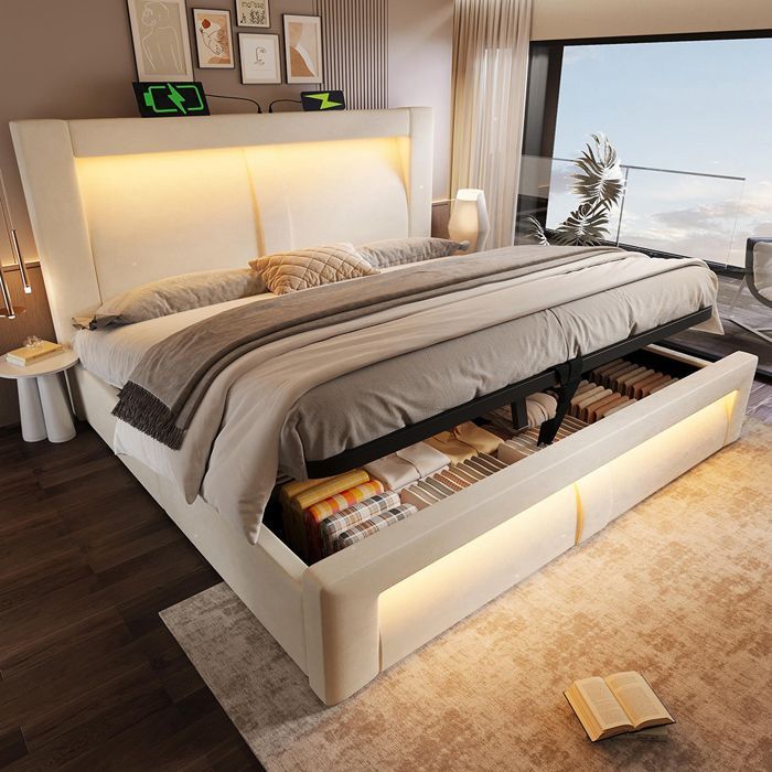 Lit coffre rembourré 180x200 cm, Lit double avec rangement, APP-Control LED, USB et Type-C, Tête de lit incurvée, Velours, Beige