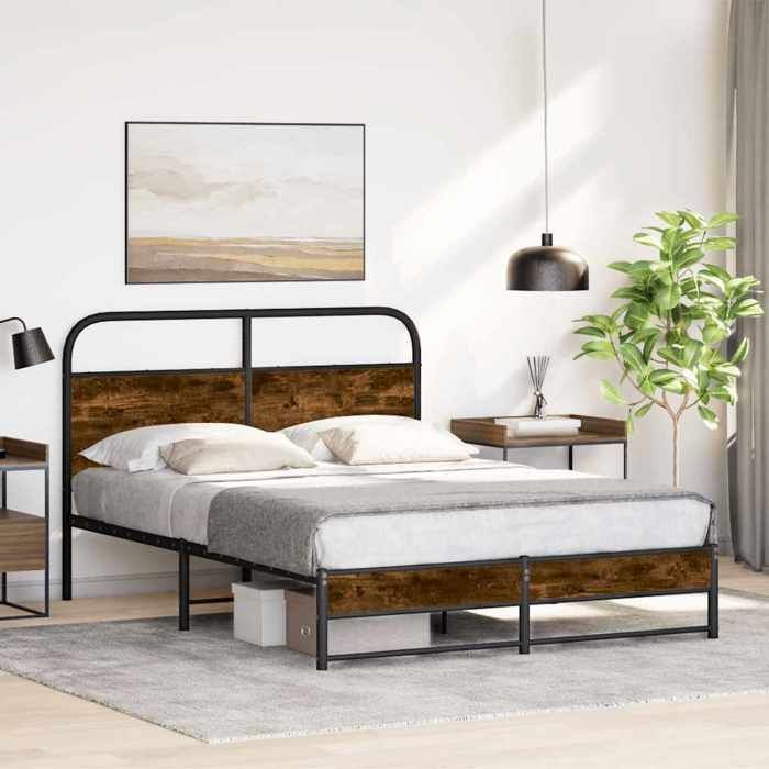 Bed frame - UU - 120x190 cm - Smoked oak - Engineered wood - Steel - With headboard - Clearance height 27 cm