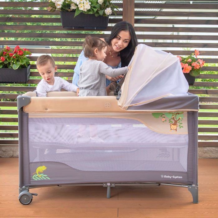 Moby-System 2-in-1 Folding Travel Cot & Playpen | 2 Mattress Levels (High/Low) Up to 25 kg | Mosquito Net & Carry Bag | CE